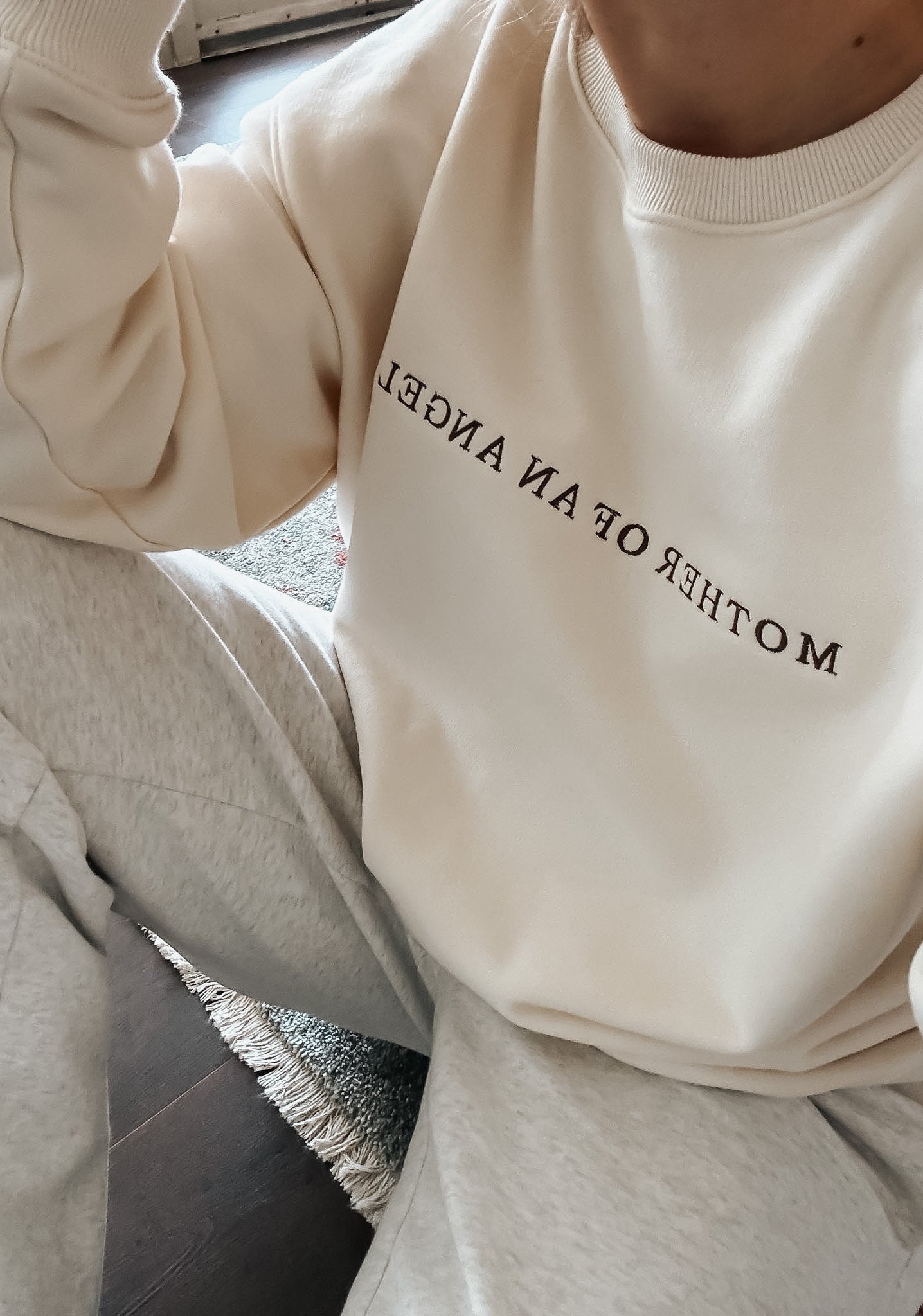 Mother Of An Angel Comfort Crewneck in Créme